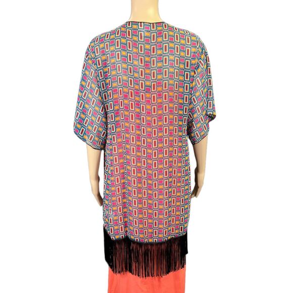 LulaRoe Womens Kimono Shawl Shrug Wrap Sheer Geo Print Fringe Trimmed Small - Picture 4 of 7
